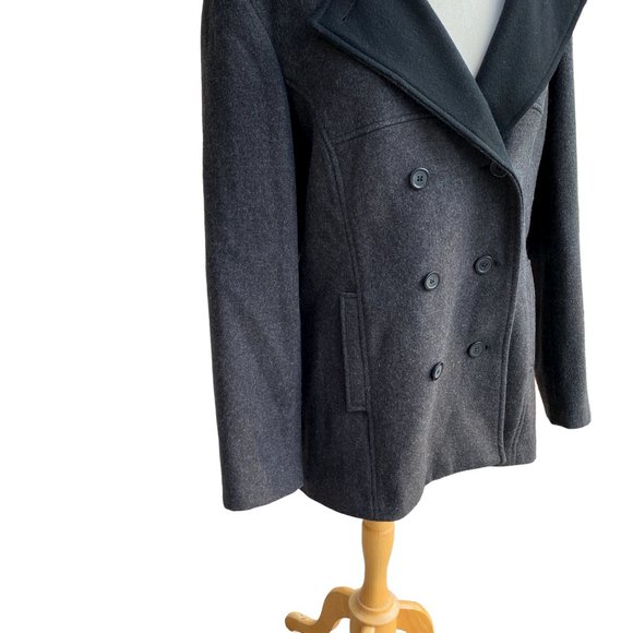 Esprit Wool Hooded Pea Coat Gray Outerwear Nautical Neutral Classic Preppy-L - Picture 6 of 14